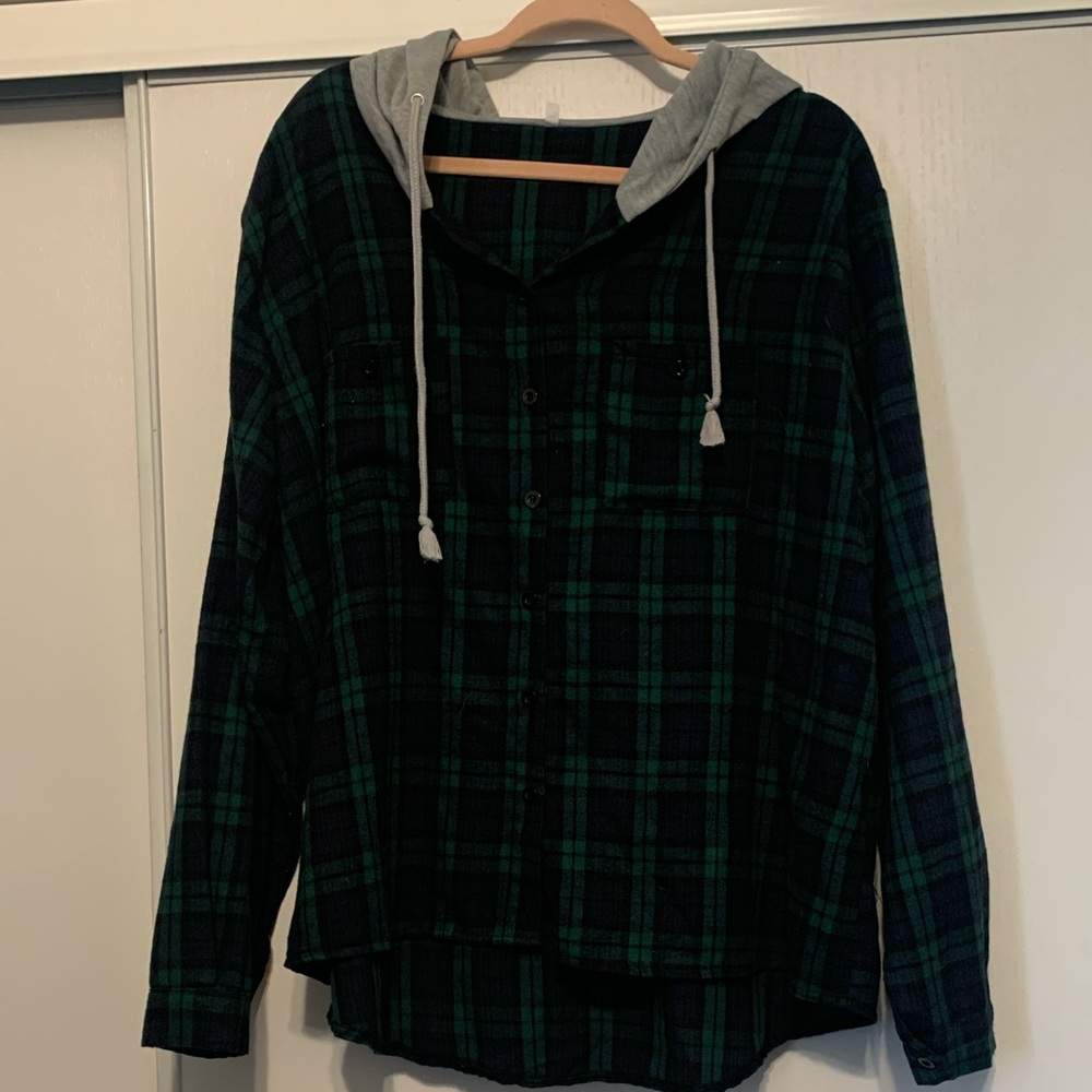 SHEIN CURVE Dark Blue & Green Plaid Jacket With Gray Hoodie and Drawstrings